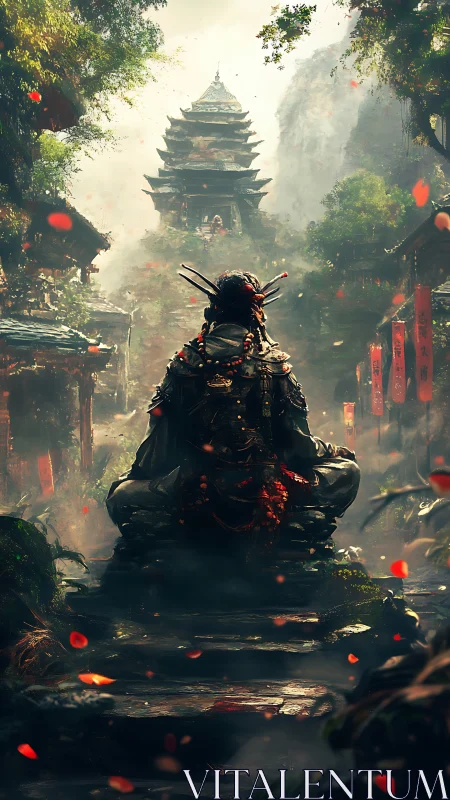 Silent warrior at crimson temple steps, breathing stormlight.