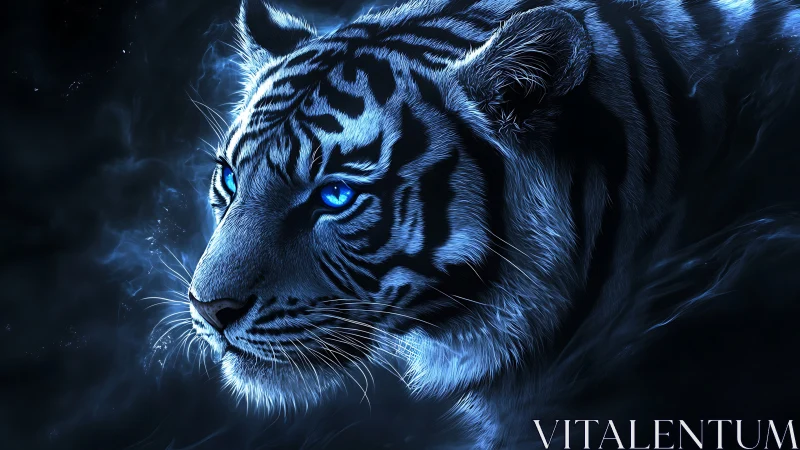 Blue-illuminated digital tiger portrait in dark profile view.
