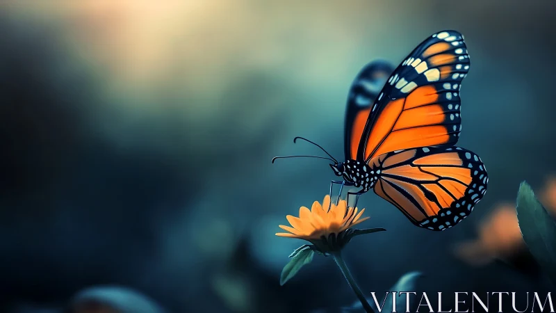 Monarch butterfly poised on bloom in soft dusk glow.