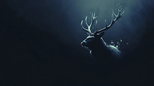 Luminous stag emerges from midnight forest shadows.