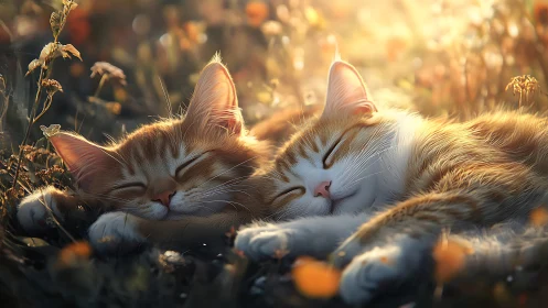 Golden Hour Felines: Twin Cats Basking in Radiant Warmth.