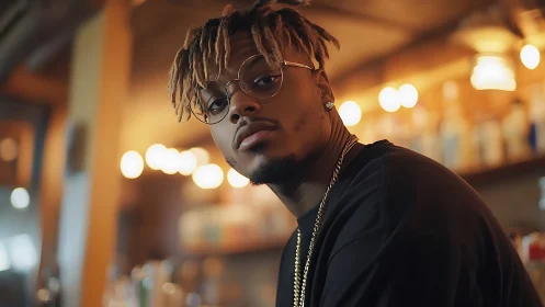 Warm city lights and a thoughtful gaze at the bar counter.