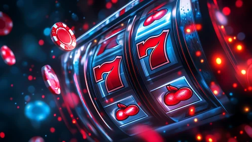 Neon-lit slot machine reels with vivid sevens and tokens.