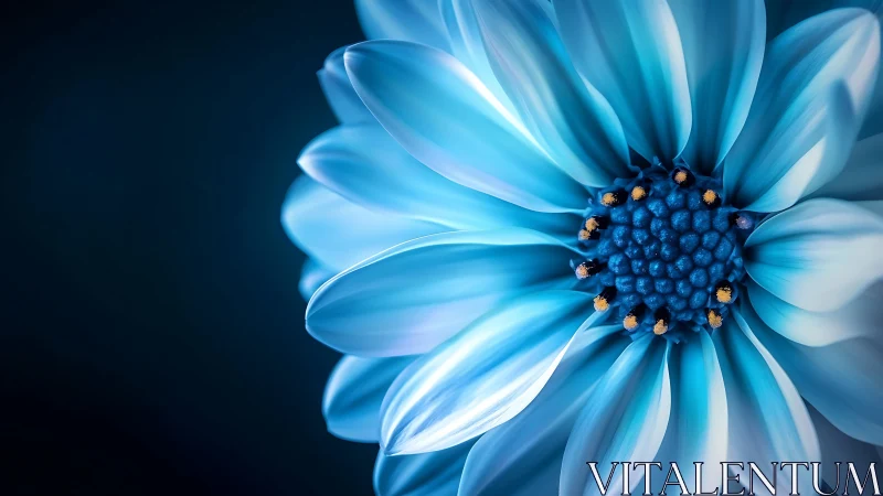 Blue Daisy With Amber Center Against Dark Gradient.