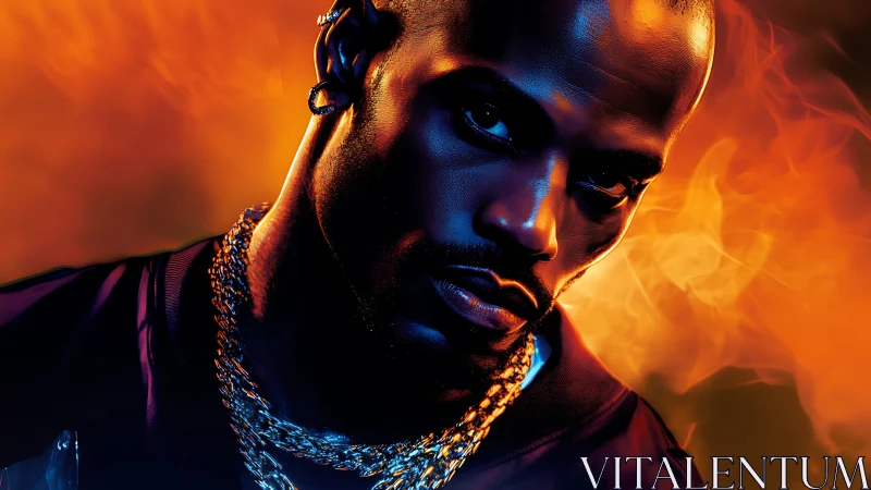 Molten neon light carves intensity across a fiery portrait