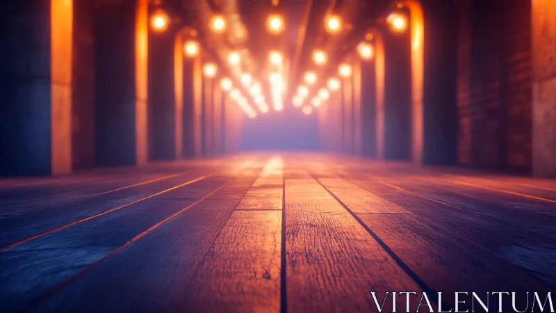 Tunnel of ember lights over twilight timber floorboards.