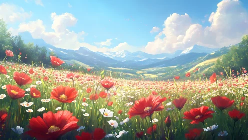 Scarlet poppies sing across a sunlit valley of distant peaks