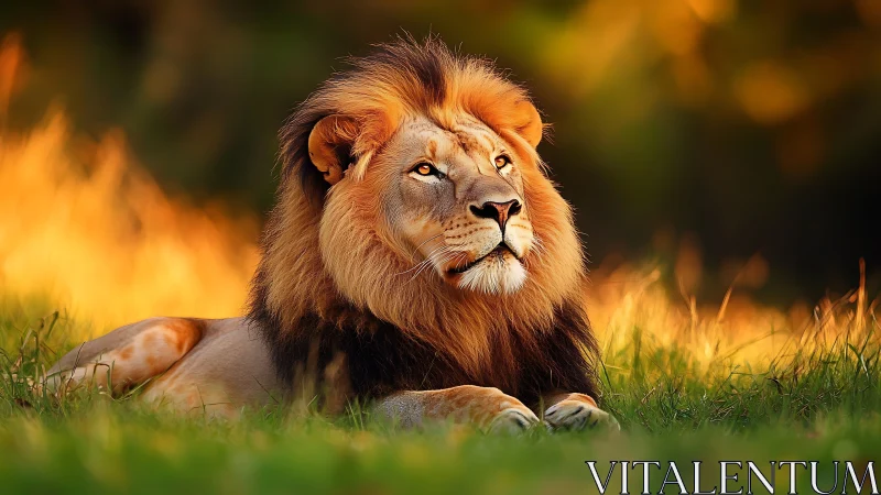 Male lion resting on grassland in warm sunset light.