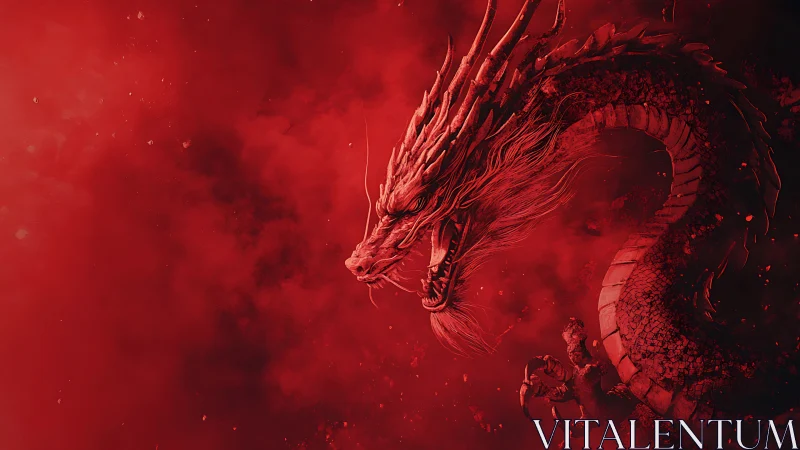 Fiery crimson dragon curls through swirling red smoke