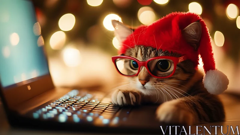 Christmas kitten in red glasses typing on illuminated laptop.