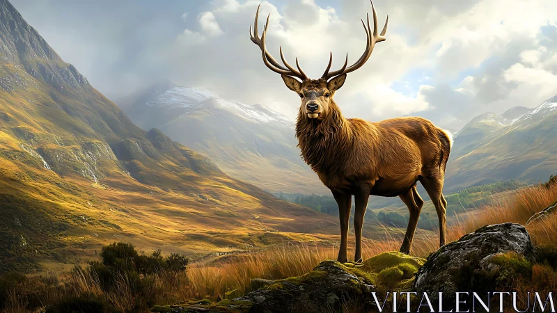 Red stag stands alert in a bright mountain valley landscape.