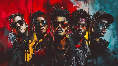 Hip-hop collective rendered in neon-saturated digital portraiture