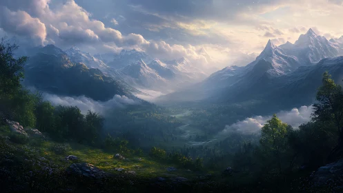 Sunlit mountain valley wrapped in drifting morning mist.