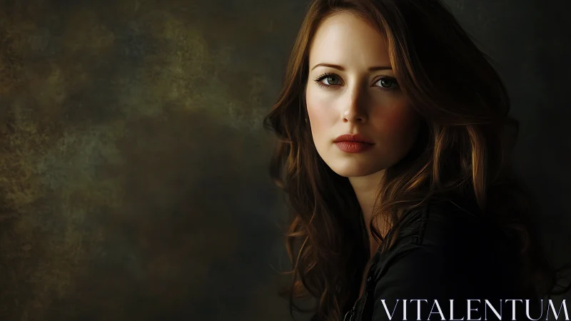 Thoughtful woman portrait against dark textured backdrop.