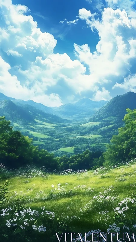 Sunlit alpine meadow overlooks layered green valleys.