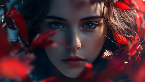 Cinematic close-up portrait framed by crimson autumn leaves.