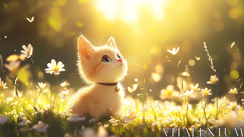 Sunlit kitten daydreams in a halo of glowing meadow blooms.