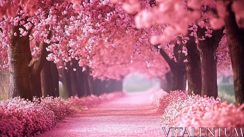 Cherry blossom tree tunnel over pink flower covered path.