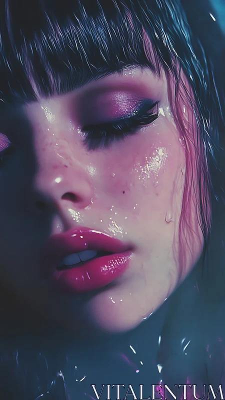 Luminous close-up portrait in cool neon wet-lighting glow.