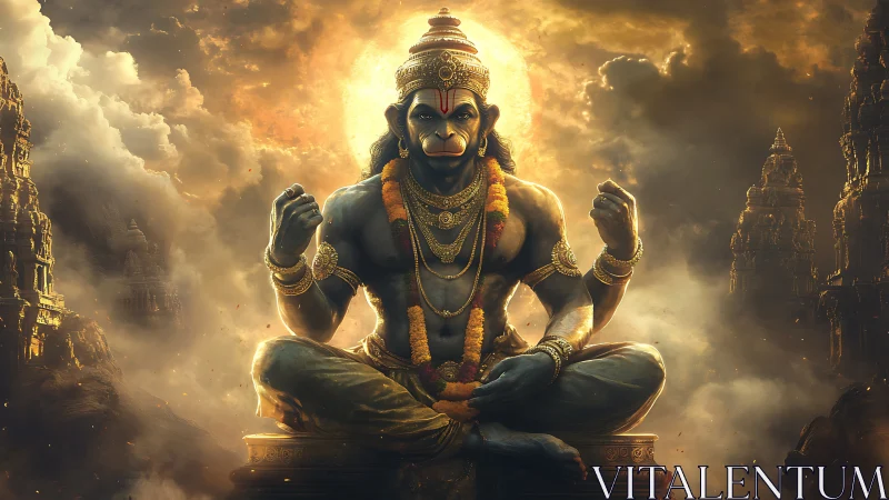 Mythic simian deity in radiant atmospheric convergence.