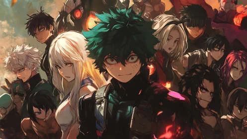 Fired‑up anime heroes stand united in a dramatic battle scene