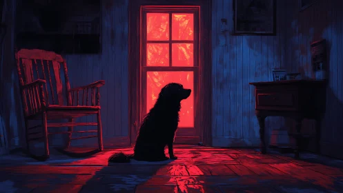 Loyal silhouette waits where red dusk floods the doorway