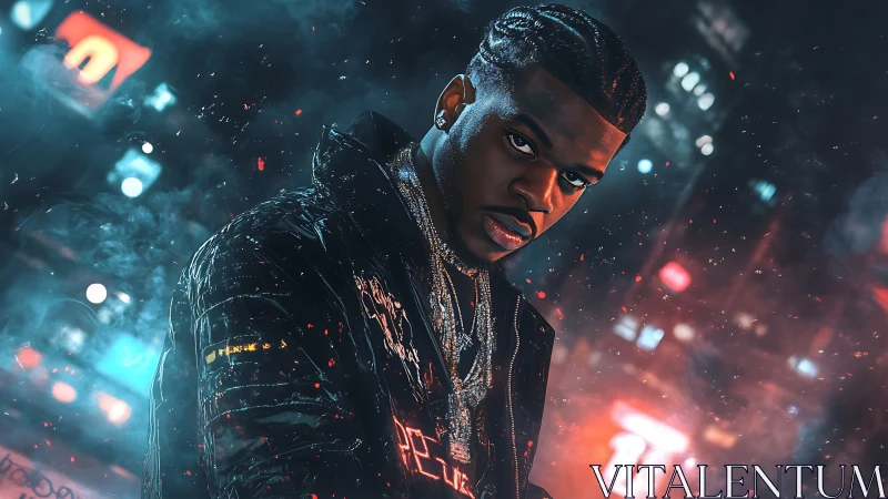 Neon smoke crowns a steely-eyed night boss in chrome hues