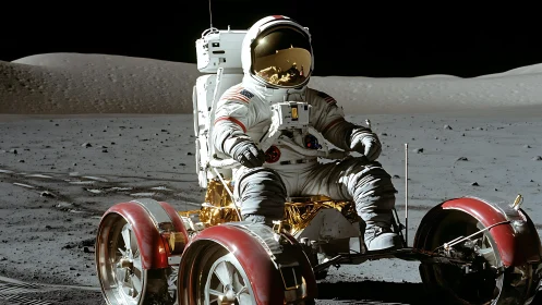 Curious astronaut explores the moon in a trusty rover ride.