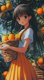 High-fidelity anime grove scene with citrus harvest dynamics.
