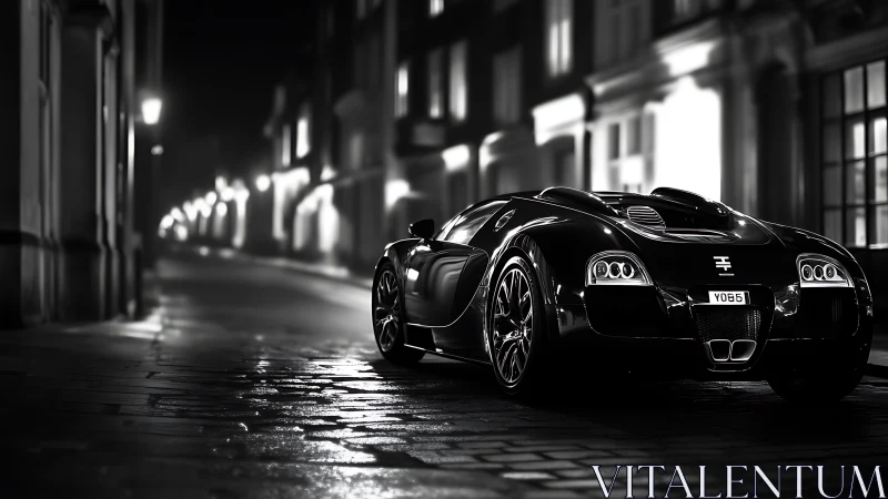Midnight supercar on wet cobblestone street in city.