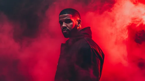 Portrait of a man in red atmospheric lighting and smoke
