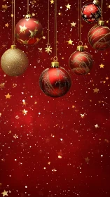 Red background with hanging Christmas baubles and star shapes.