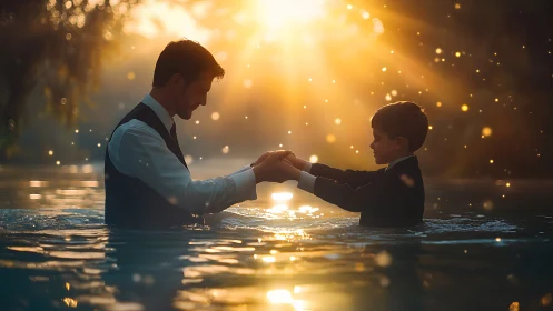 Man and boy standing in river at sunset holding hands.
