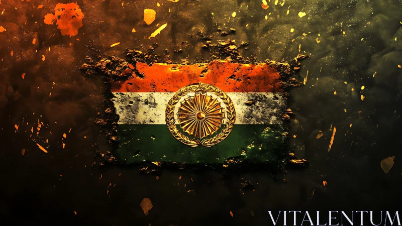 India flag emblem bursts through scorched textured surface.