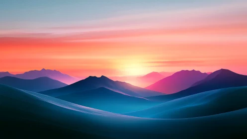 Layered hills under gradient sky at low sun position.