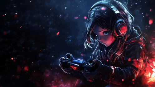 Girl with headphones concentrates on glowing game controller