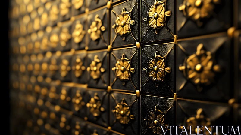 Ornate golden floral tiles on dark wall, close-up, dramatic lighting.