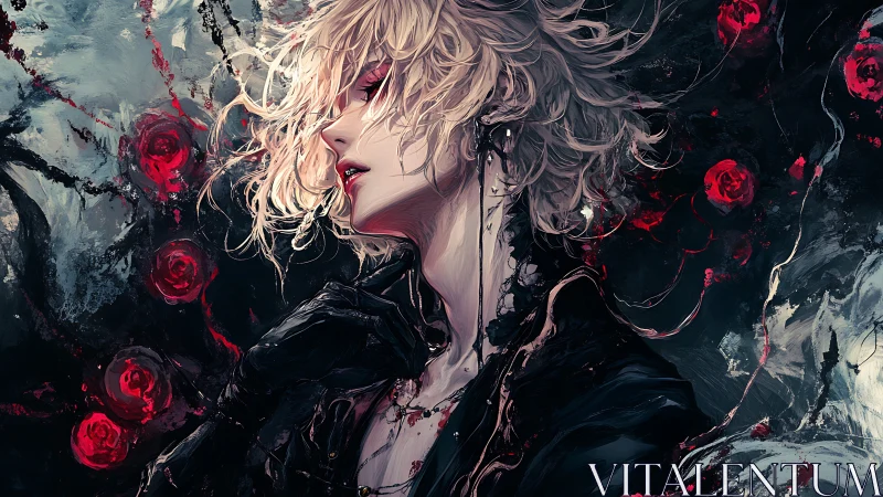 Profile view of blond figure amid abstract red floral forms