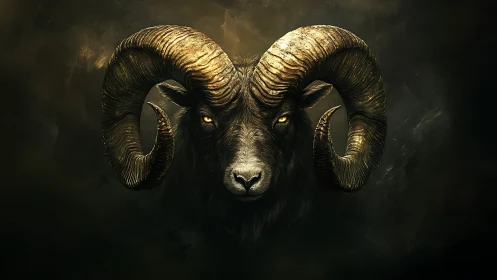 Ram head with curved horns on dark atmospheric background.