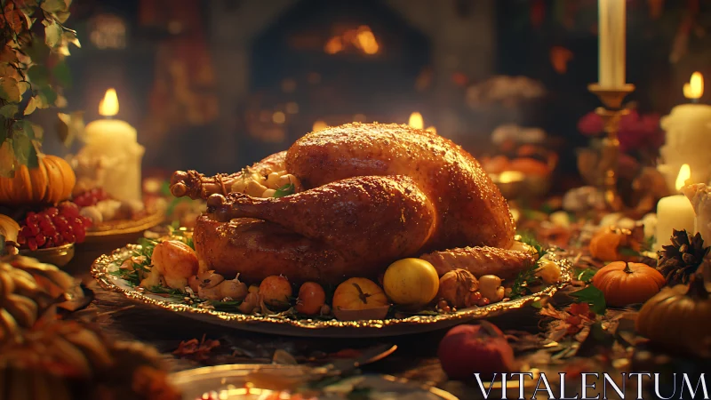 Roast turkey centerpiece on autumn harvest dinner table.