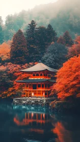 Crimson lakeside temple rests gently in a misty autumn forest