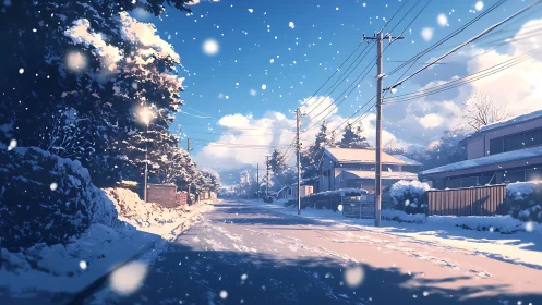 Snowy suburban street glows under crisp winter sun.