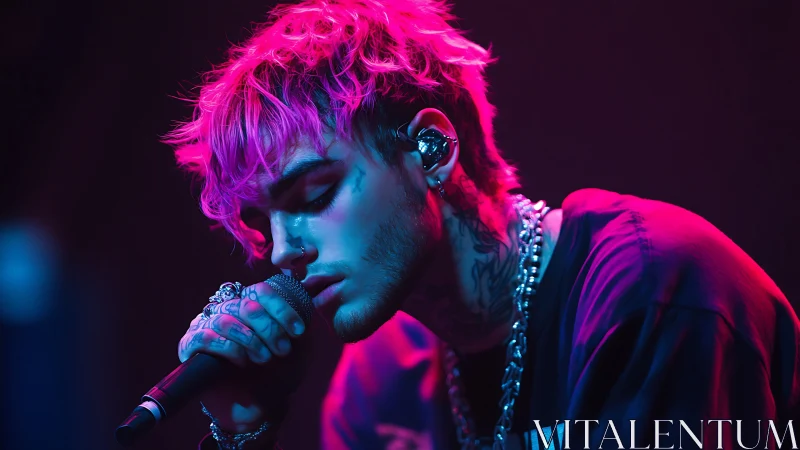 Neon-lit vocalist captured in intimate cyberpunk stage portrait