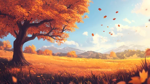 Autumn meadow landscape renders luminous foliage under clear sky