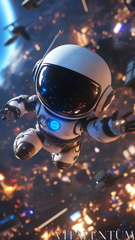 Small robotic astronaut in orbit among space debris field.