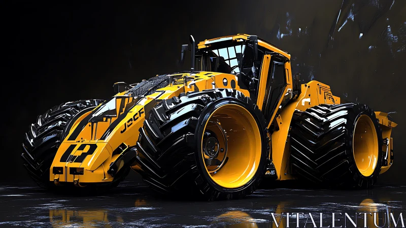 Futuristic yellow tractor with oversized industrial tires.