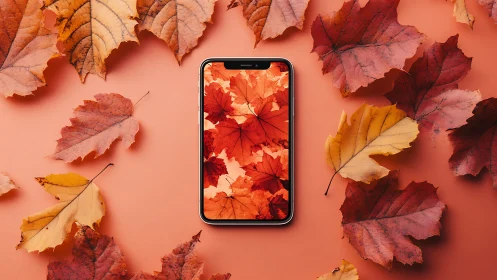 Cozy smartphone moment wrapped in glowing autumn leaves.