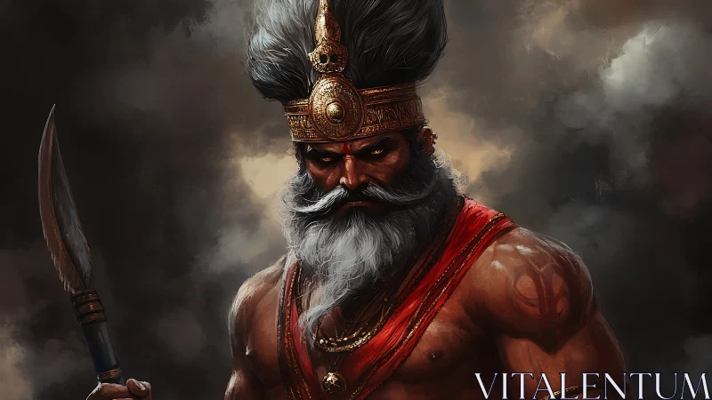 Warrior figure stands in stormy environment with spear raised