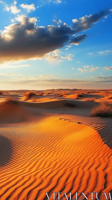 Low-angle capture records wind-formed desert dunes under clouds