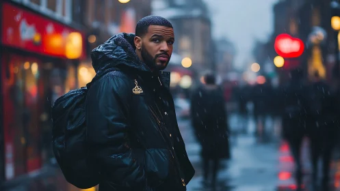 Man in black parka walks through rainy neon city evening.